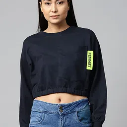 Hubberholme Women Navy Blue Solid Cropped Box Pocket Sweatshirt-image-73