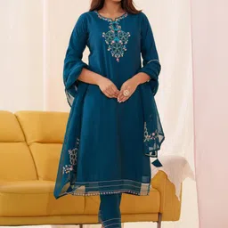 Sangria Ethnic Motifs Embroidered Straight Kurta With Trousers & Dupatta-50