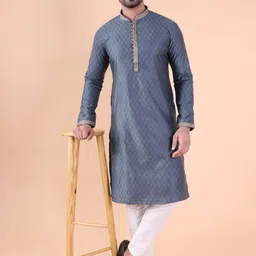 AURIK Men Calf Length Regular Pure Silk Straight Kurta with Pyjamas &-picture-10