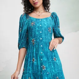 Vishudh Floral Print Puff Sleeve Fit and Flare Midi Dress-image-18
