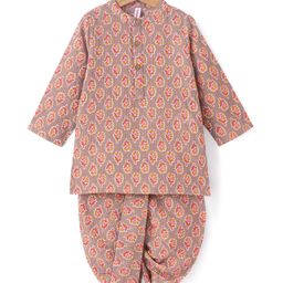Babyhug 100% Cotton Full Sleeves Dobby Printed Kurta with Printed Dhoti Set - Beige-image-101