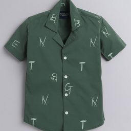 Polka Tots Half Sleeve All Over Typographical Letters Printed Tennis Collar Shirt - Green-image-10
