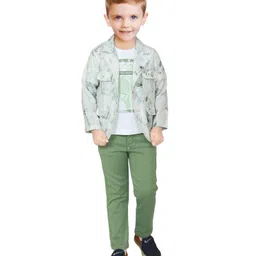DOTSON Full Sleeves Floral & Leaves Printed Tee & Jacket With Pant - Green-picture-23