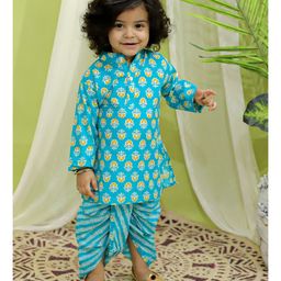 BownBee  Pure Cotton Full Sleeves Floral Printed Kurta & Leaves Printed  Dhoti - Blue-image-44