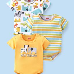 Babyhug 100% Cotton Interlock Knit Half Sleeves Onesies Stripes & Elephant Print Pack Of 3 - Multicolor-image-4