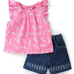 Babyhug 100% Cotton Knit Sleeveless Top & Denim Shorts With Pineapple Print - Pink & Blue-image-81