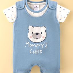 Ollypop Interlock Half Sleeves T-Shirt With Dungaree Bear Print - White & Blue-image-80