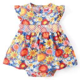 Babyhug 100% Cotton Knit Frill Sleeves Floral Printed Frock Style Onesie - Multicolour-image-23