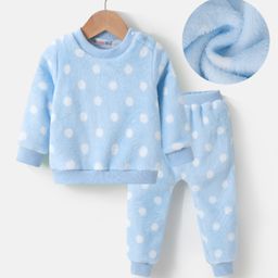 Kookie Kids Full Sleeves Winter Wear Night Suit With Polka Dots - Blue-image-94