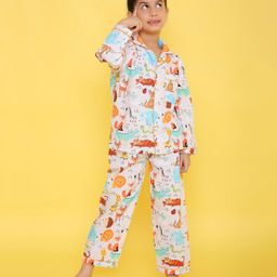 Knitting Doodles Pure Cotton Woven Full Sleeves Animals Printed  Night Suit - Light Grey-image-21