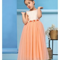 Toy Balloon Kids Sleeveless Polka Dots Printed & Floral Applique Net Gown - Dusty Rose-image-29