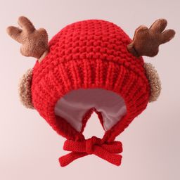 Babyhug Cable Knitted Woollen Cap with Knot & Reindeer Applique - Red-picture-1