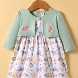 ToffyHouse Interlock Knit Full Sleeves Frock With Animal Print & Embroidery - Sea Green-picture-15