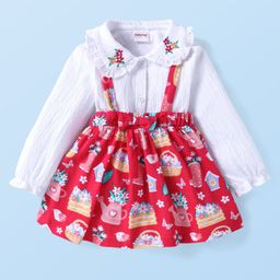 Babyhug Single Jersey Knit Butterfly Printed Skirt With Floral Embroidered Top With Peter Pan Collar - White & Red-image-3