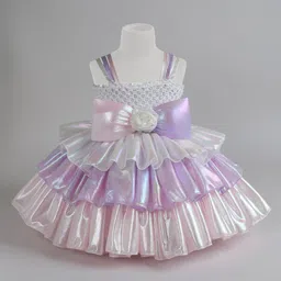 TINY MINY MEE Elastane Sleeveless Bow Detailed Shimmer Layered Knee Length Dress - Multicolor-picture-2