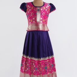 Bhartiya Paridhan Silk Woven Half Sleeves Floral Foil Printed Choli Lehenga Set - Purple-image-86