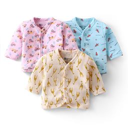 Bodycare Cotton Knit Full Sleeves Antibacterial Front Open Vests with Giraffe & Vehicles Print Pack of 3 - Pink Cream & Sky Blue-image-33