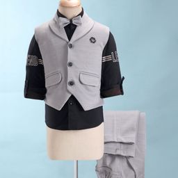Dapper Dudes Full Sleeves Typography Printed Shirt With Solid Waistcoat Bow & Pant Set - Grey-picture-24