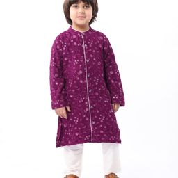 Babyhug Woven Full Sleeves Floral Sequin Embroidered Kurta Pyjama Set - Wine-image-94