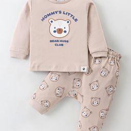 Ollypop Interlock Full Sleeves T-Shirt & Lounge Pants Set With Bear Print - Beige-27