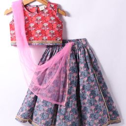 Saka Designs Cotton Woven Sleeveless Lehenga Choli & Dupatta Set with Lace Detailing - Teal Blue & Red-image-96