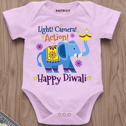 KNITROOT Diwali Theme Half Sleeves Happy Diwali Text & Elephant Printed Onesie - Pink-picture-18