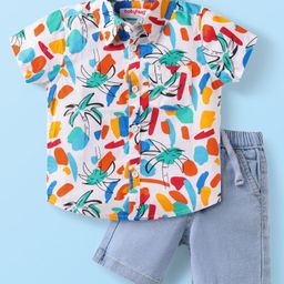 Babyhug Cotton Woven Half Sleeves Tree Printed Shirt & Denim Shorts Set - White & Light Blue-image-43