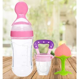 The Cheeky Kidzz Baby Silicone Fruit Shape And Fruit Nibbler Soother Teether With Squeeze Spoon Bottle (PINK)-18