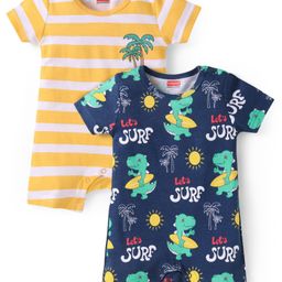 Babyhug Interlock Knit Half Sleeves Rompers With Dino Print Pack of 2 - Navy Blue & Yellow-image-62