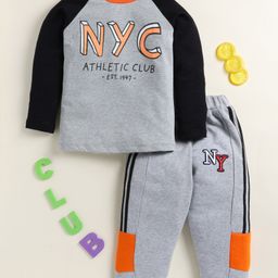Little Marine Cotton Knit Full Raglan Sleeves NYC Text Printed Tee & Pajama Set - Grey & Black-image-32