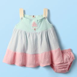 ToffyHouse Cotton Woven Sleeveless Tiered Frock with Bloomer & Patch Detailing - Multicolor-image-84