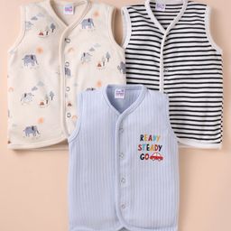 Ben Benny 100% Cotton Inter lock Knit Sleeveless Front Open Jhablas with Stripes & Elephant Print Pack of 3 - Peach-picture-22
