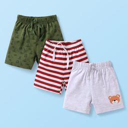 Babyhug Cotton Knit Mid Thigh Shorts with Bear Print & Stripes Pack of 3 - Green Maroon & Grey-image-70