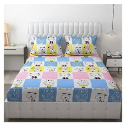 BHAIJI BEDSHEETS Glace Cotton Bed Sheet Double Bed With 2 Pillow Covers Kids Cartoon Prints - Cat Nice Day-11