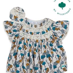 My Milestones Cotton Flutter Sleeves Crochet Lace Embellished & Floral Printed Top - Beige-picture-11