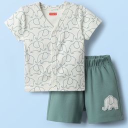 Babyhug Interlock Knit Half Sleeves Front Open T-Shirts & Shorts Sets with Elephant Print - Teal Blue-image-12