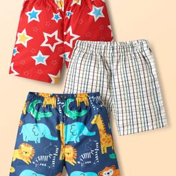 Babyhug Cotton Woven Above Knee Length Boxers with Star Checks & Animal Print Pack of 3 - Red Navy Blue & Off White-image-88