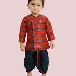 little desi Dupion Silk Full Sleeves Chevron & Ethnic Foil Printed Kurta Dhoti Set - Red-image-98