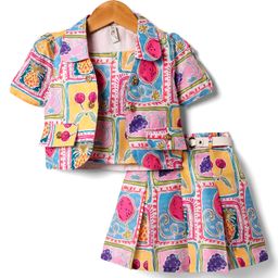 Enfance Fruits Printed Spaghetti Top With Half Sleeves Jacket & Coordinating Pleated Skirt - Multi Colour-image-23