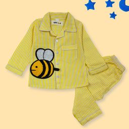 TIPPY TOP Pure Cotton Woven Full Sleeves Striped & Honey Bee Patch Detailed Coordinating Night Suit Set - Yellow-picture-2