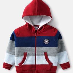 Babyhug Knit Full Sleeves Front Open Hooded Sweater With Kangaroo Pockets & Stripes - Red-image-55