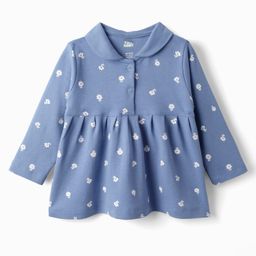 Pink Rabbit Interlock Knit Full Sleeves Frock With Floral Print - Blue-image-22