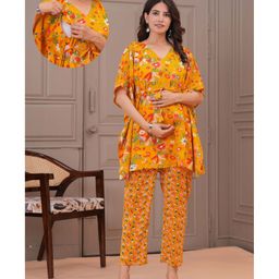 CeleBravo Cotton Woven Half Batwing Sleeves Floral Printed Maternity Ethnic Kaftan Style Kurta With Nursing Access & Pant Set - Mustard-image-67