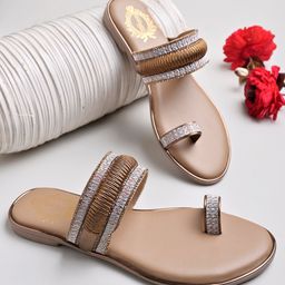 Shoetopia Lace Embellished Slip On Flip Flops - Copper-image-90