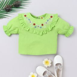 Aww Hunnie 100% Cotton Woven Half Peasant Sleeves Floral Embroidered Top - Green-image-99