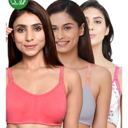 Inner Sense Organic Cotton Knit Pack Of 3 Solid & Floral Printed Antimicrobial Maternity Bras With Nursing Access - Multi Colour-picture-9