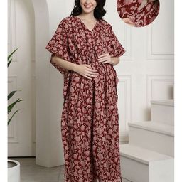 Secret Wish Rayon Woven Half Batwing Sleeves Floral Printed Maternity Kaftan Nighty With Side Zipper Nursing Access - Maroon-image-76