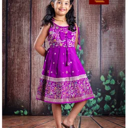 Bhartiya Paridhan Silk Woven Sleeveless Pleated Ethnic Dress with Floral Print & Bow Applique - Purple-picture-27
