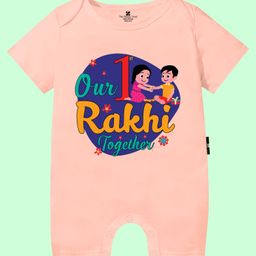The Peppy Tend 100% Cotton Knit Raksha Bandhan Theme Half Sleeves Our 1st Rakhi Together Text Printed Romper - Peach-image-90