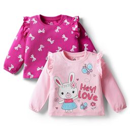 Doodle Poodle 100% Cotton Knit Full Sleeves Tops With Bunny & Bow Print With Frill Detailing Pack of 2- Dark Pink & Pink-picture-39
